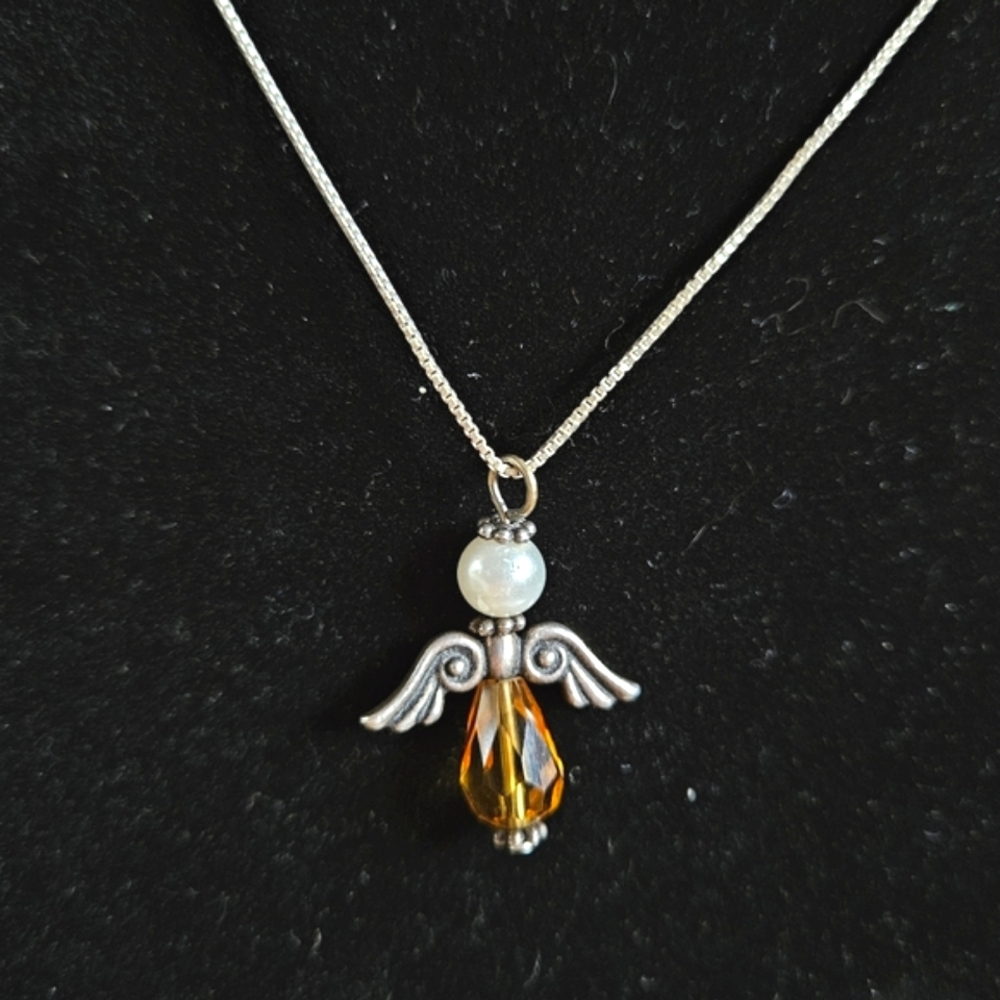 Angel necklace w/Italian sterling chain faux pearl & faceted stone